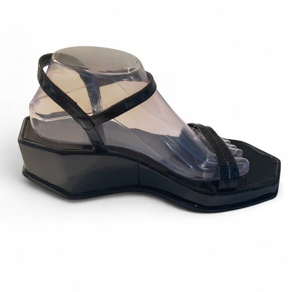 VTG 1990s Robert Clergerie Paris Black Patent Leather Platform Wedge Sandals 9b - Picture 3 of 11